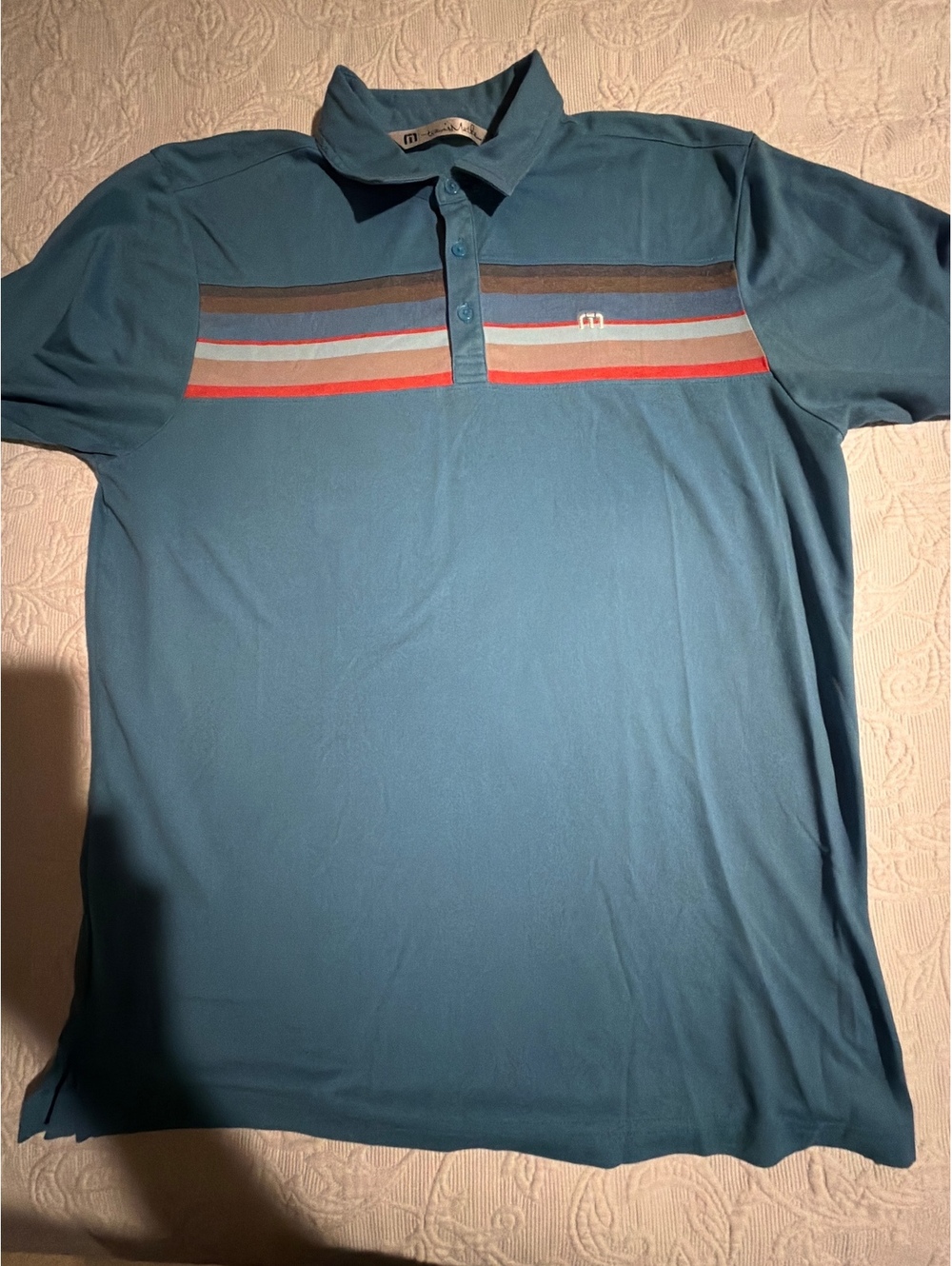 TravisMathew Men's Polo Shirt Size L Blue with Striped Chest